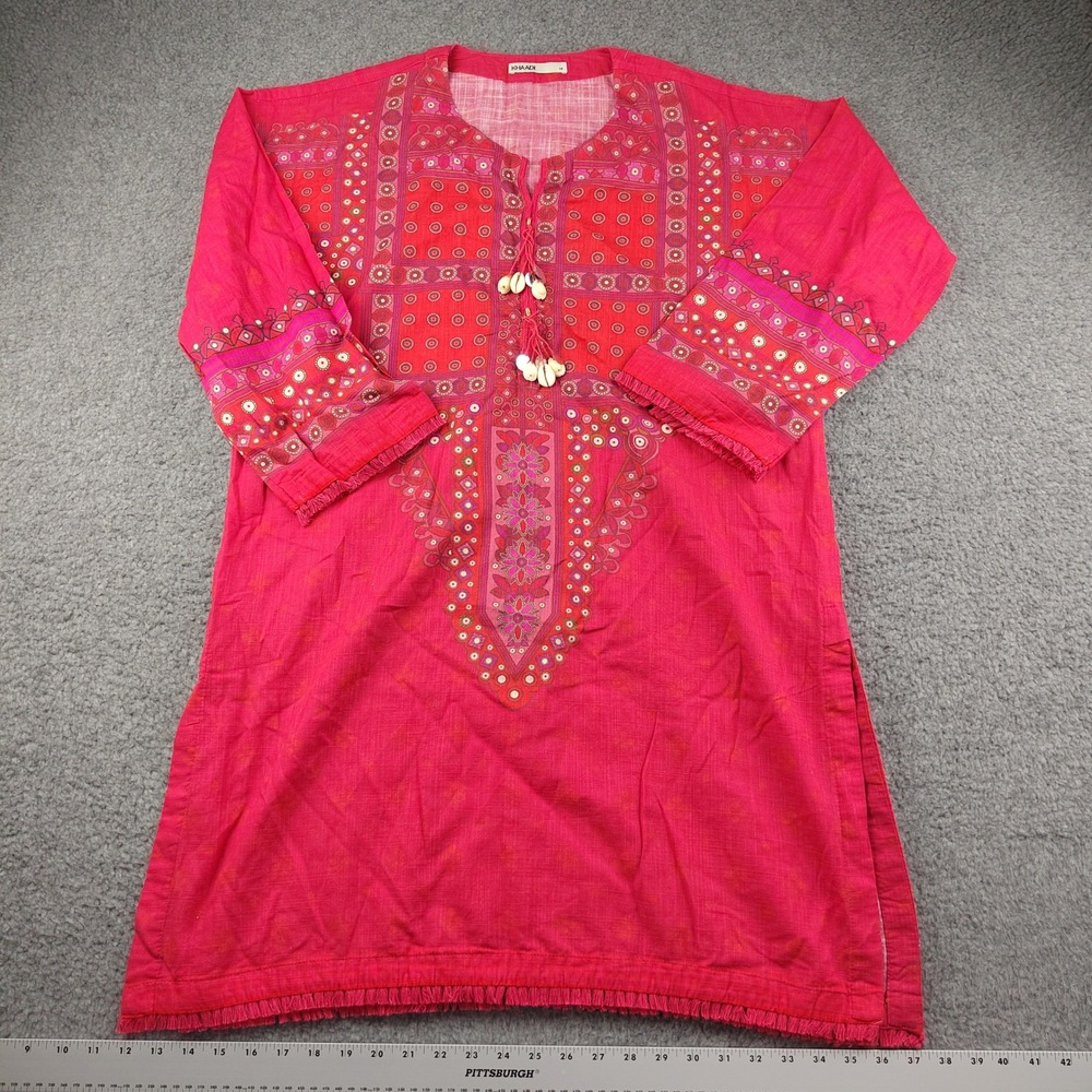 Khaadi Tunic Sz 14 Kurta Red Pink Geometric Shell Tassel Fringe 100% Cotton EUC
